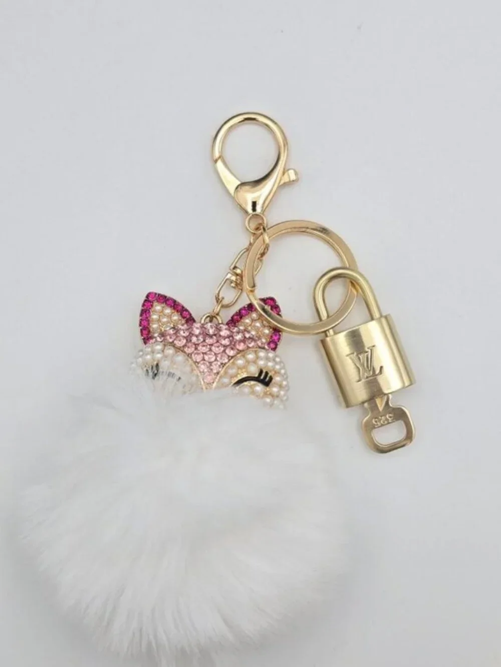 LV Authentic Gold Padlock 🔒 Key Set w/ Unbranded Fox Pom-pom Keychain Charm